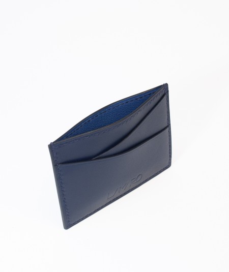 porte-cartes compact lamaro bleu nuit vue de biais doublure bleue
